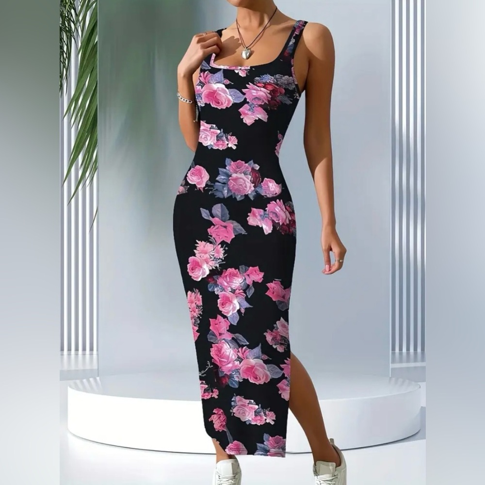 Floral Black Maxi Dress with Pink Accents